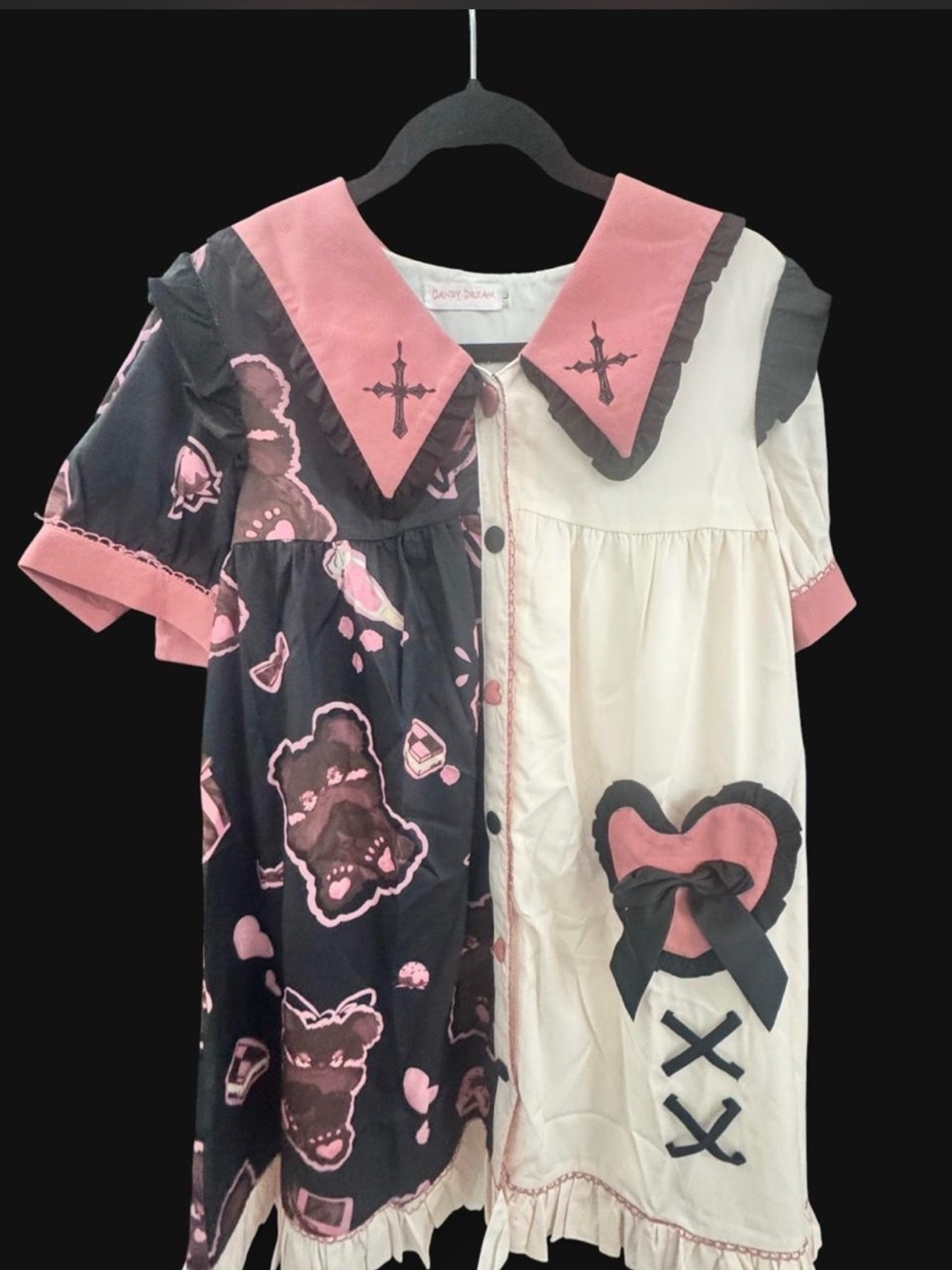 Black Pink White Teddy Bear Cross Sailor Collar Puff Sleeve Dress